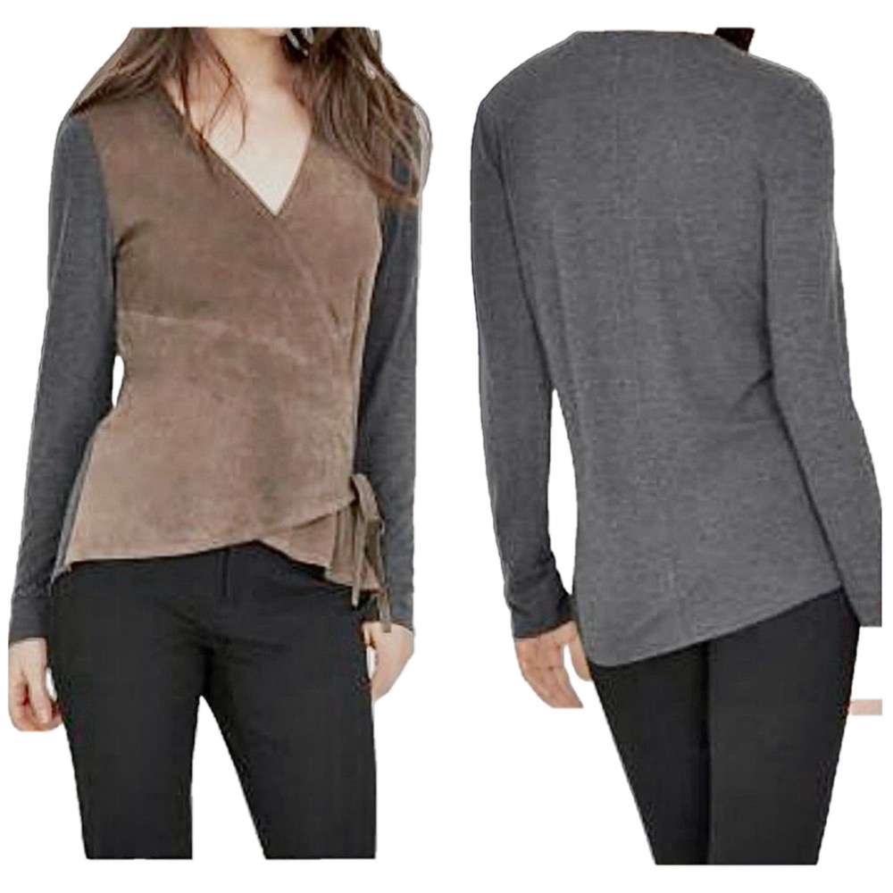 Ecru Suede Wrap Cardigan Sweater Top Gray Size Small